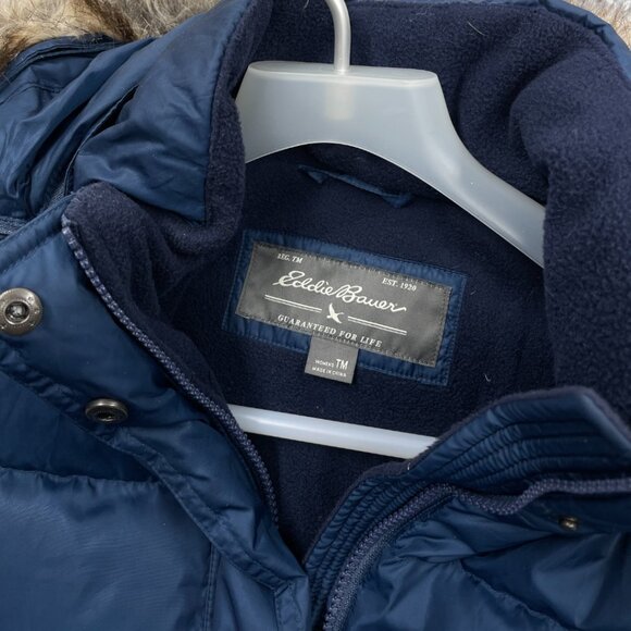 Eddie Bauer Puffer Long Jacket Coat Removable Hood Fur Women's Medium Tall MT - Picture 7 of 11
